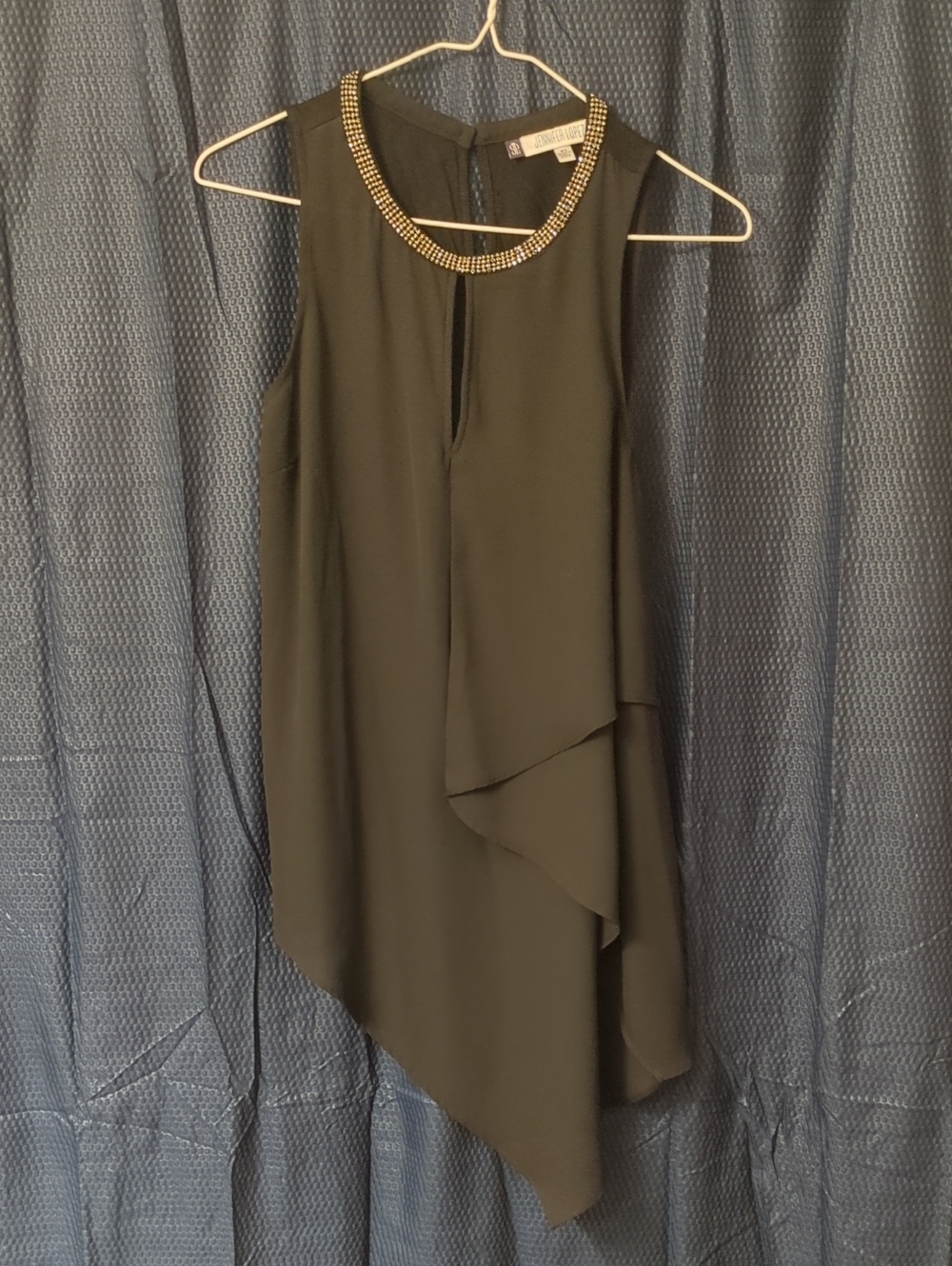 Jennifer Lopez Black Asymmetrical Sleeveless Tunic Top with Beaded Neckline